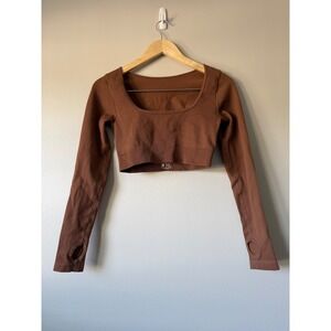 OQQ Ribbed Long Sleeve Crop Top Medium Brown Square Neck Thumbhole Seamless
